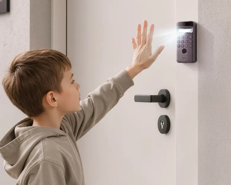 Chłopiec otwiera drzwi, przykładając dłoń do skanera żył dłoni w SwitchBot Keypad Vision Pro