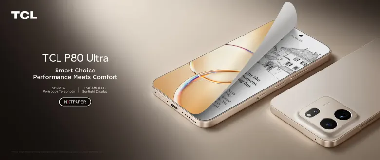 Smartfony TCL P80 Ultra w kolorze szampańskim, z przodu i z tyłu, na beżowym tle