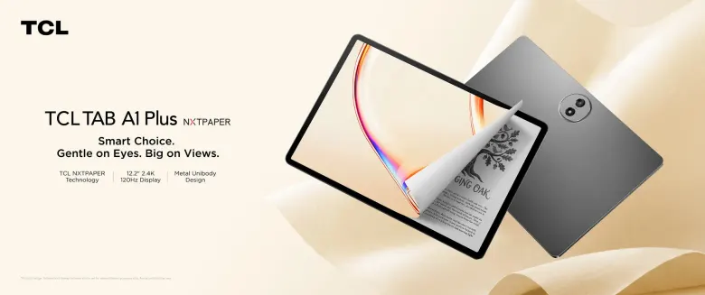 Tablet TCL TAB A1 Plus NXTPAPER z przodu i z tyłu na jasnym tle