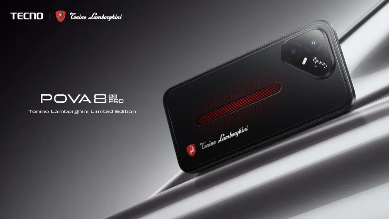 Tył smartfona TECNO POVA 8 Pro 5G Tonino Lamborghini Limited Edition z czerwonym akcentem
