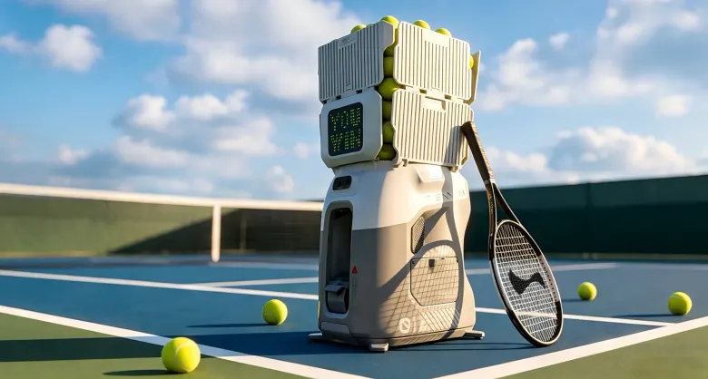 Robot do tenisa Tenniix Pro z koszem pełnym piłek i rakietą na korcie