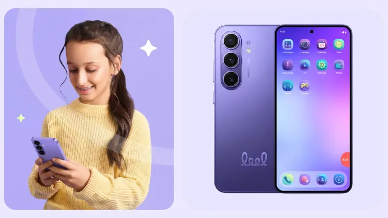 Dziewczynka z fioletowym smartfonem Leel Phone obok zdjęcia telefonu z przodu i z tyłu