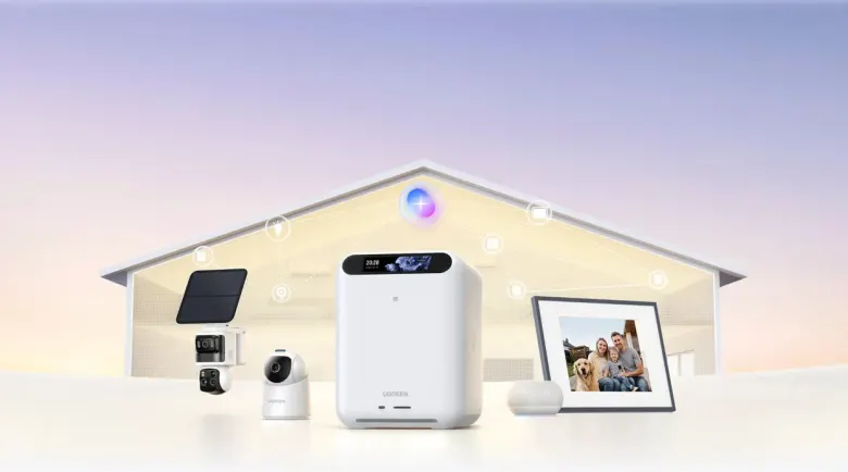 Hub UGREEN HomeAgent HA100 w otoczeniu kamer SynCare, głośnika i ramki cyfrowej Gallery