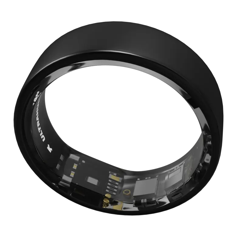 Czarny Ultrahuman Ring Air Aster Black z widoczną elektroniką i czujnikami wewnątrz