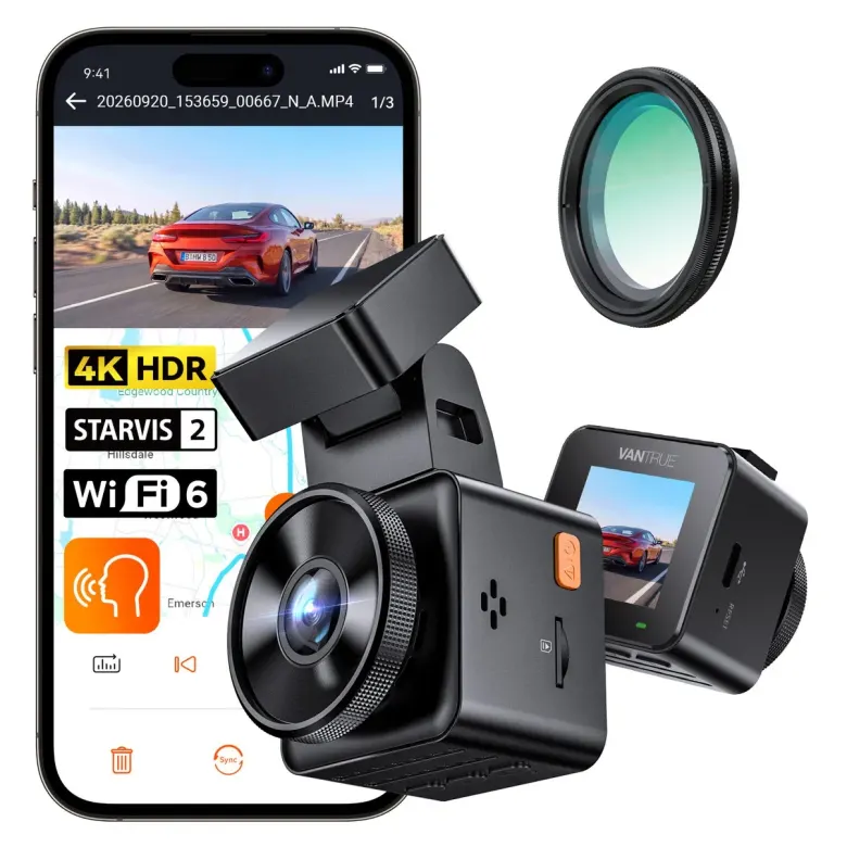 Vantrue E1 Pro S z filtrem CPL i aplikacją Vantrue na smartfonie