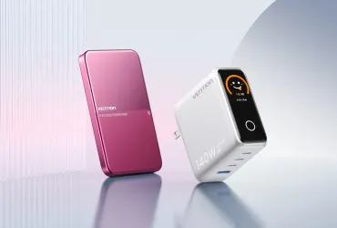 Bordowy powerbank Vention H Series i biała ładowarka Vention Dash Pro 140W z kolorowym wyświetlaczem