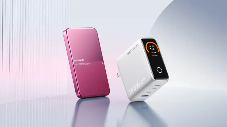 Bordowy powerbank Vention H Series i biała ładowarka Vention Dash Pro 140W z kolorowym wyświetlaczem