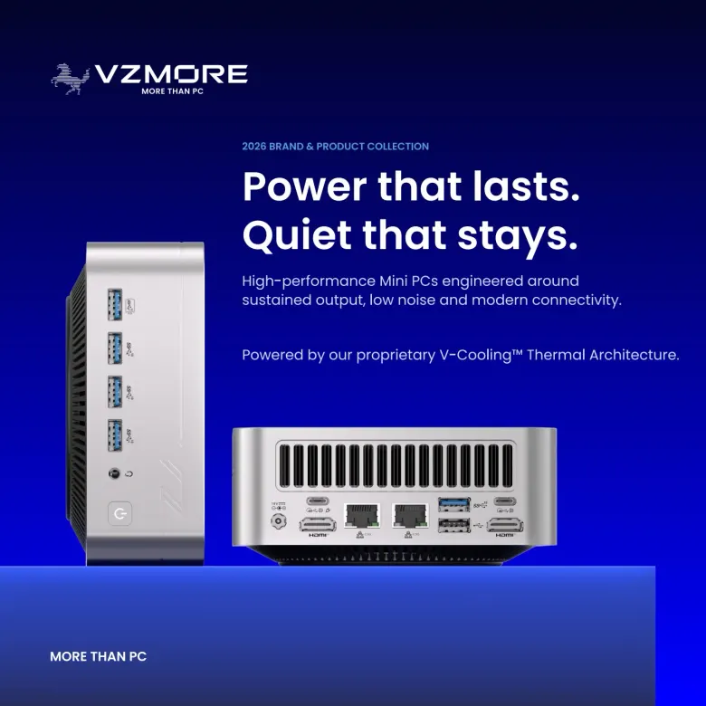 Mini PC VZMORE z przodu z czterema portami USB-A i z tyłu z portami USB4, HDMI i dwoma LAN