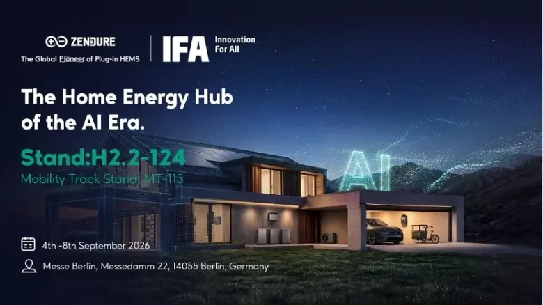Grafika Zendure z napisem The Home Energy Hub of the AI Era, numerem stoiska H2.2-124 na IFA 2026 i domem z panelami słonecznymi